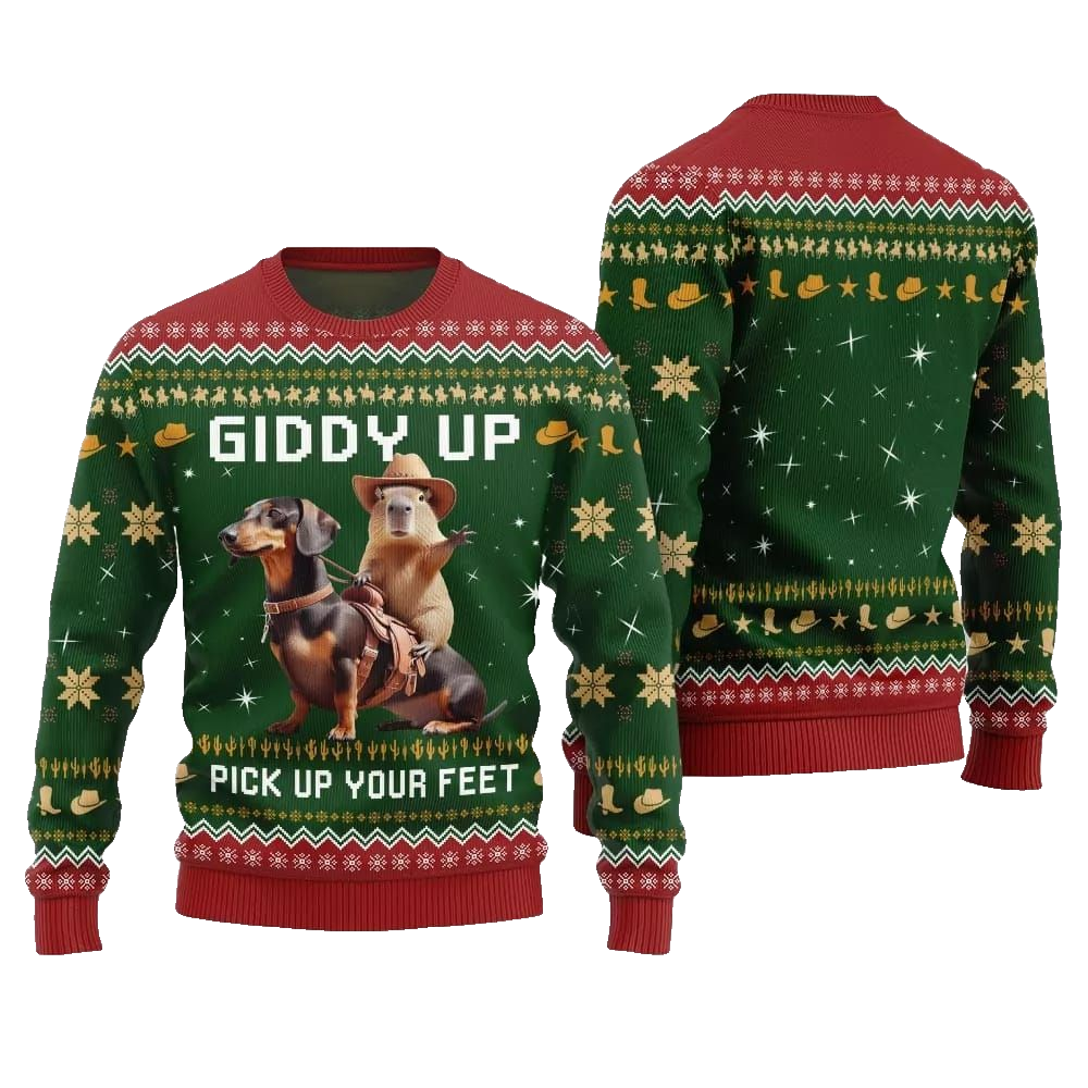 2026 Christmas Giddy Up Pick Up Your Feet Capybara Dachshund Ugly Christmas Sweater - Moonbestprint