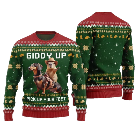 2026 Christmas Giddy Up Pick Up Your Feet Capybara Dachshund Ugly Christmas Sweater - Moonbestprint
