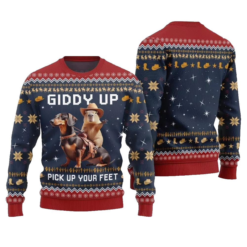 2026 Christmas Giddy Up Pick Up Your Feet Capybara Dachshund Ugly Christmas Sweater - Moonbestprint