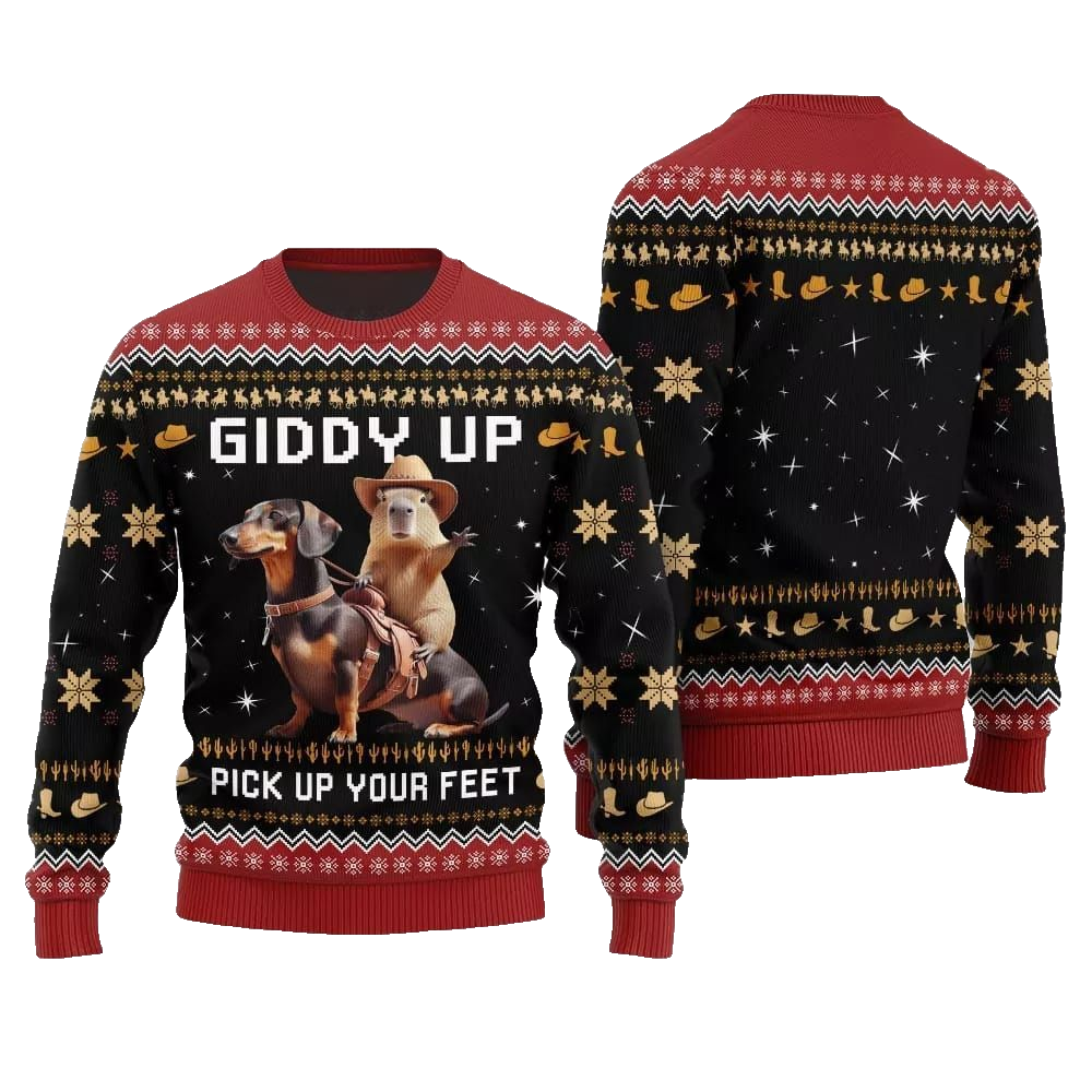 2026 Christmas Giddy Up Pick Up Your Feet Capybara Dachshund Ugly Christmas Sweater - Moonbestprint