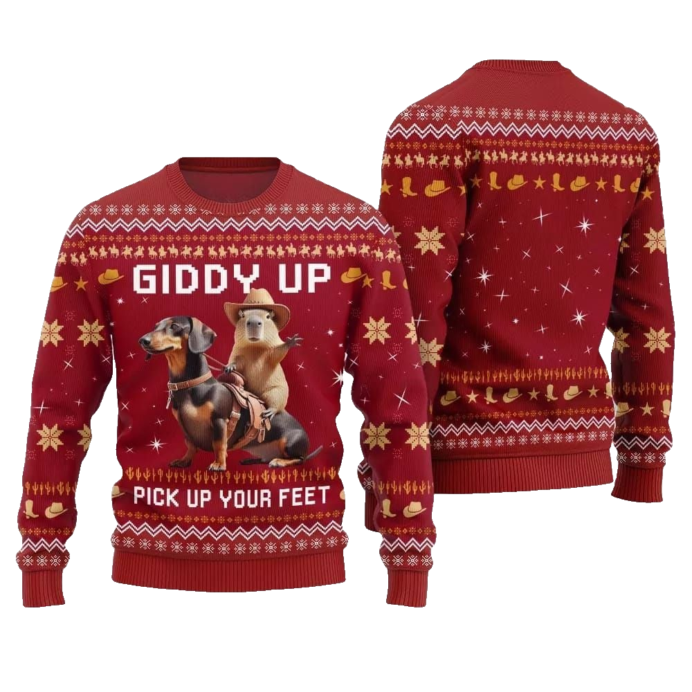 2026 Christmas Giddy Up Pick Up Your Feet Capybara Dachshund Ugly Christmas Sweater - Moonbestprint