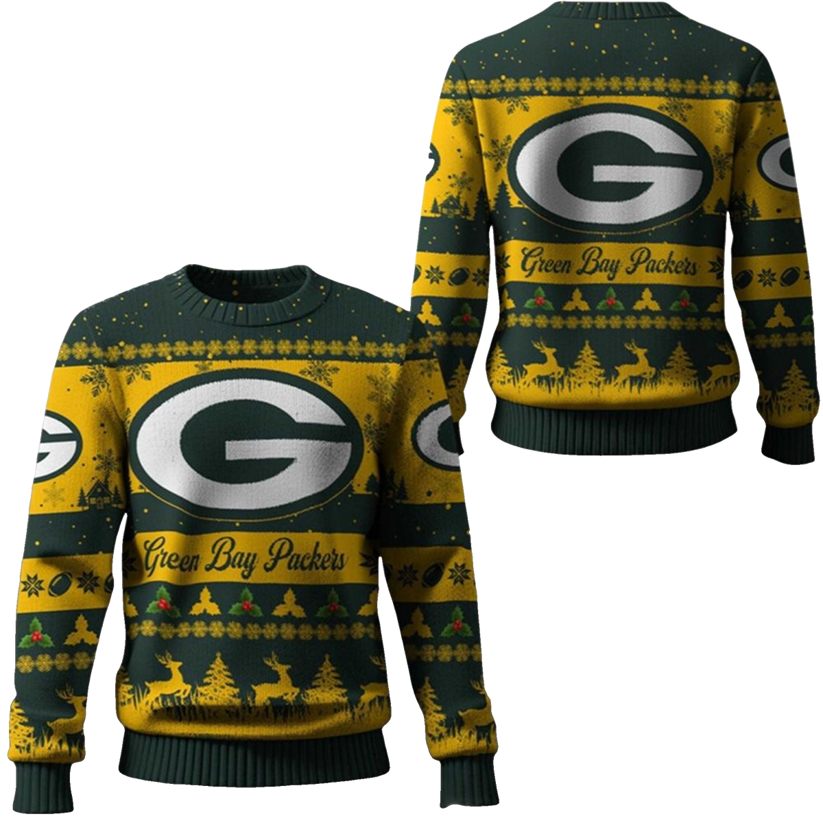 2026 Christmas GB Packers Festive Reindeer Tree Ugly Sweater - Moonbestprint