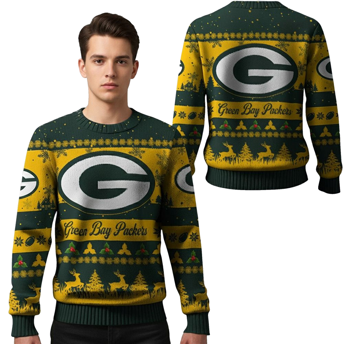 2026 Christmas GB Packers Festive Reindeer Tree Ugly Sweater - Moonbestprint