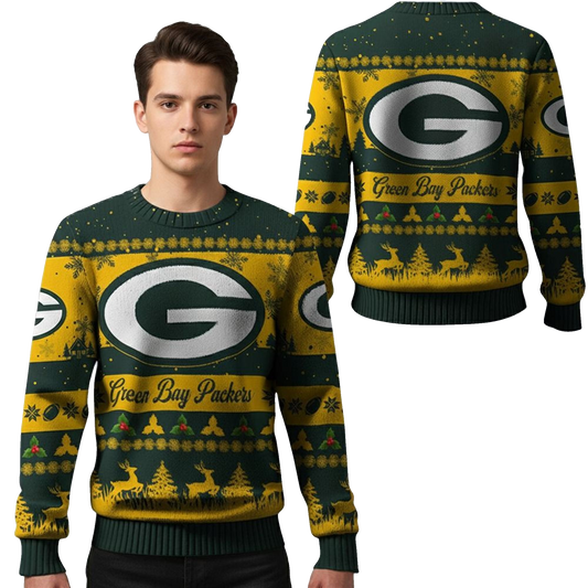 2026 Christmas GB Packers Festive Reindeer Tree Ugly Sweater - Moonbestprint