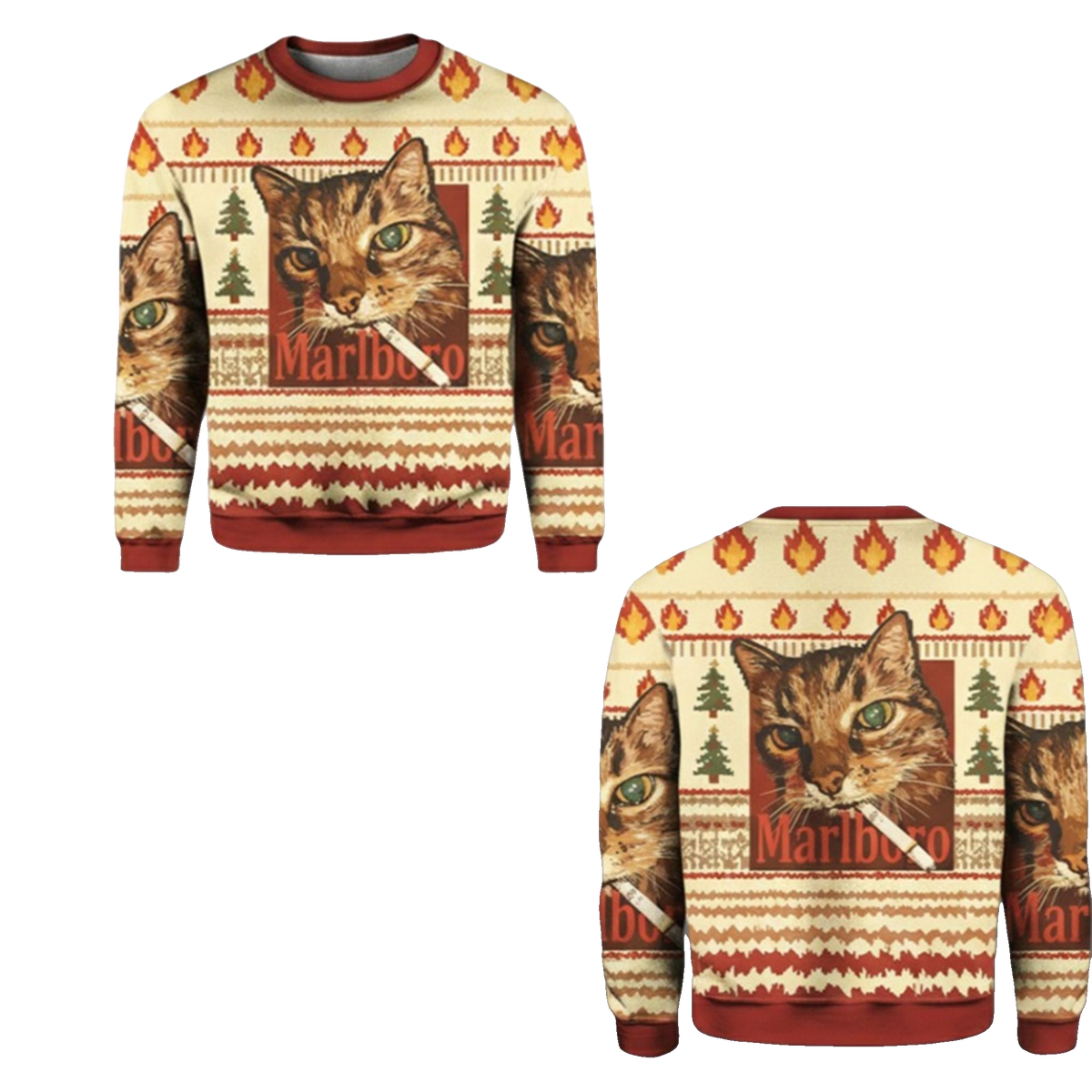 2026 Christmas Funny Smoking Cat Meme Marlboro Ugly Sweater - Moonbestprint