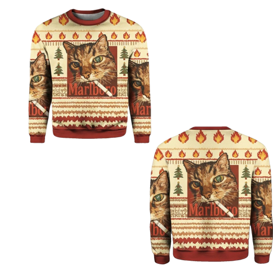 2026 Christmas Funny Smoking Cat Meme Marlboro Ugly Sweater - Moonbestprint