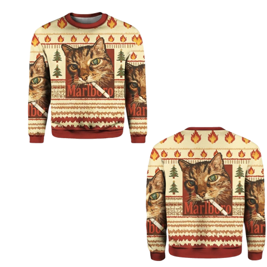 2026 Christmas Funny Smoking Cat Meme Marlboro Ugly Sweater - Moonbestprint