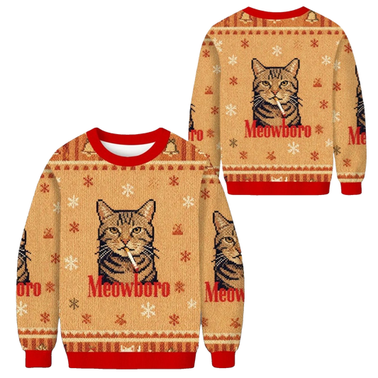 2026 Christmas Funny Realistic Meowboro Cigarette Ugly Sweater - Moonbestprint