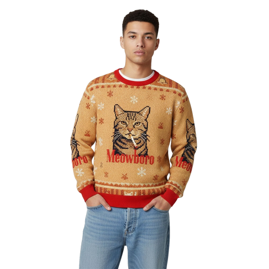 2026 Christmas Funny Realistic Meowboro Cigarette Ugly Sweater - Moonbestprint