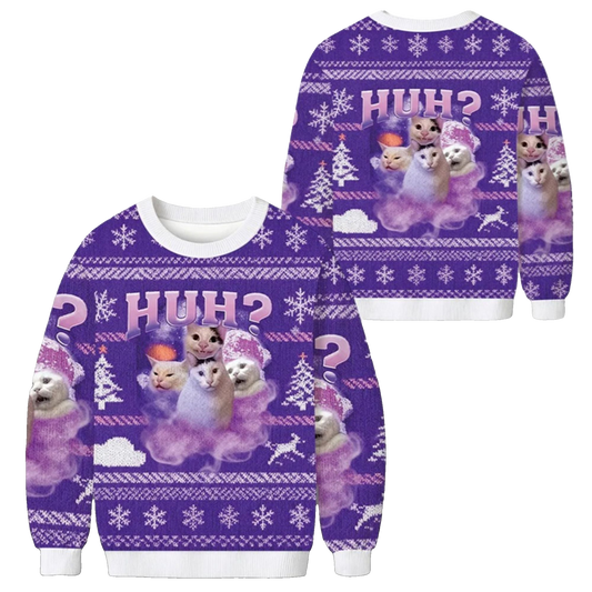 2026 Christmas Funny Meme Huh Cat Ugly Sweater - Moonbestprint