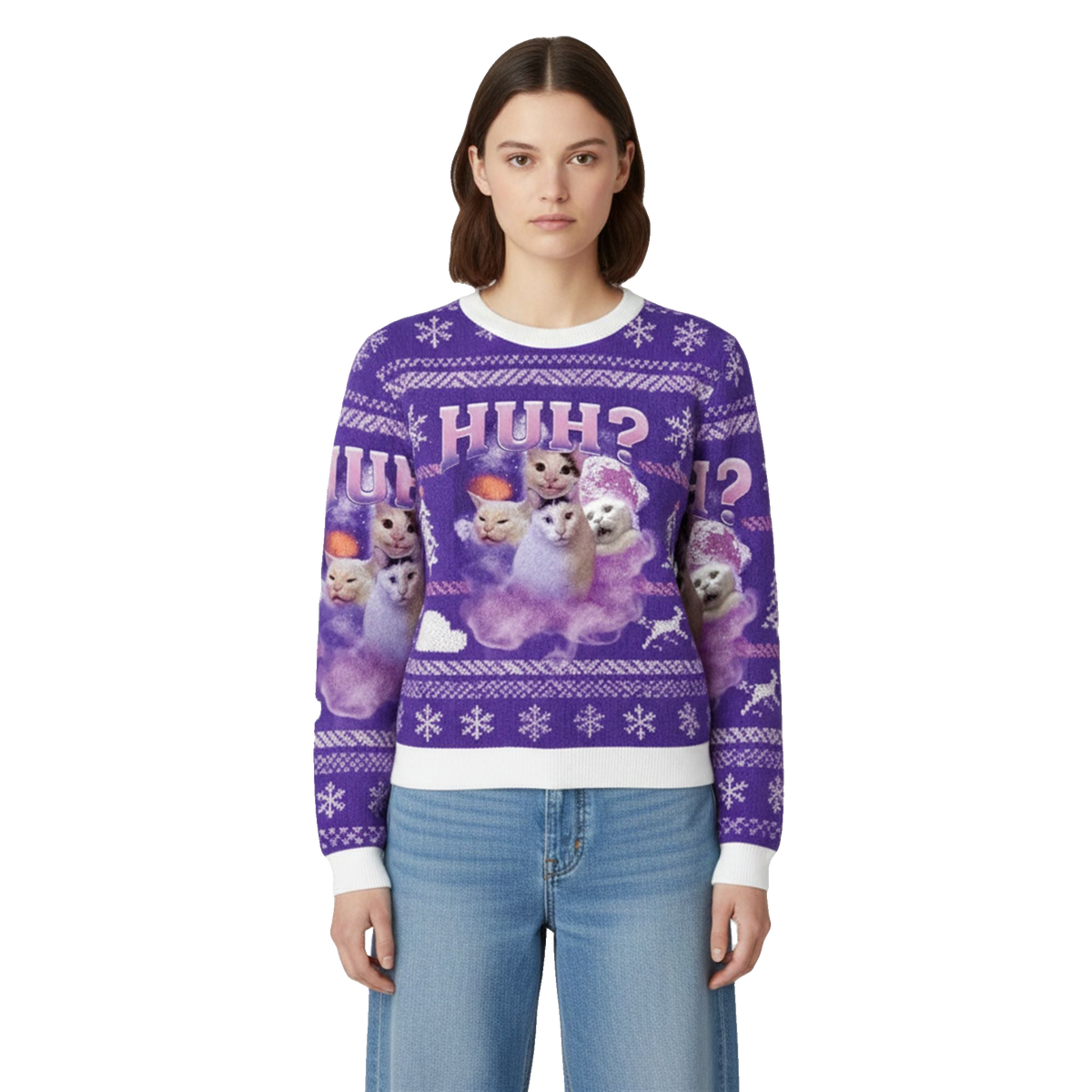 2026 Christmas Funny Meme Huh Cat Ugly Sweater - Moonbestprint