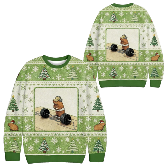 2026 Christmas Funny Cute Rat Weightlifting Meme Ugly Sweater - Moonbestprint