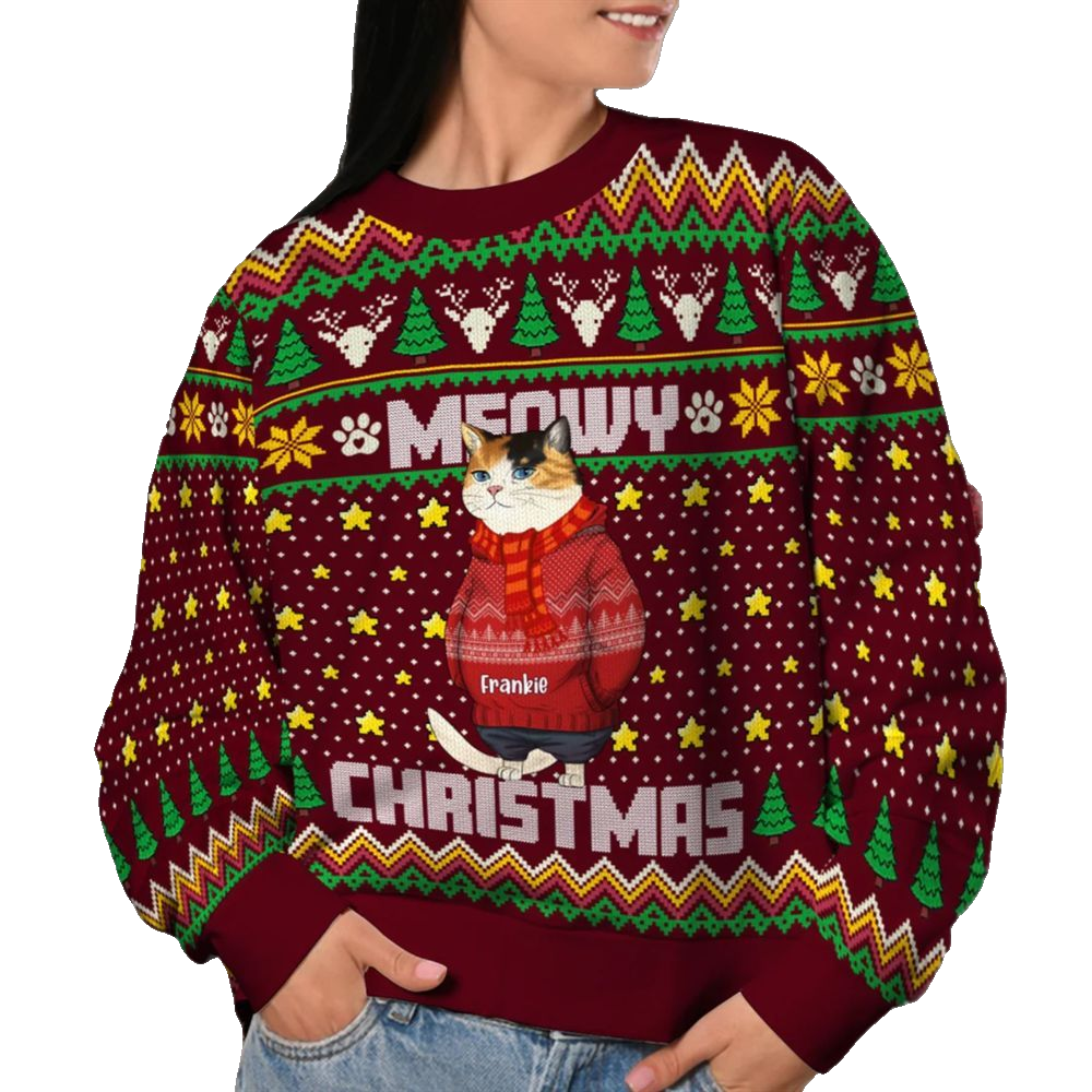 2026 Christmas Funny Cat Meowy Christmas Ugly Sweatshirt - Moonbestprint