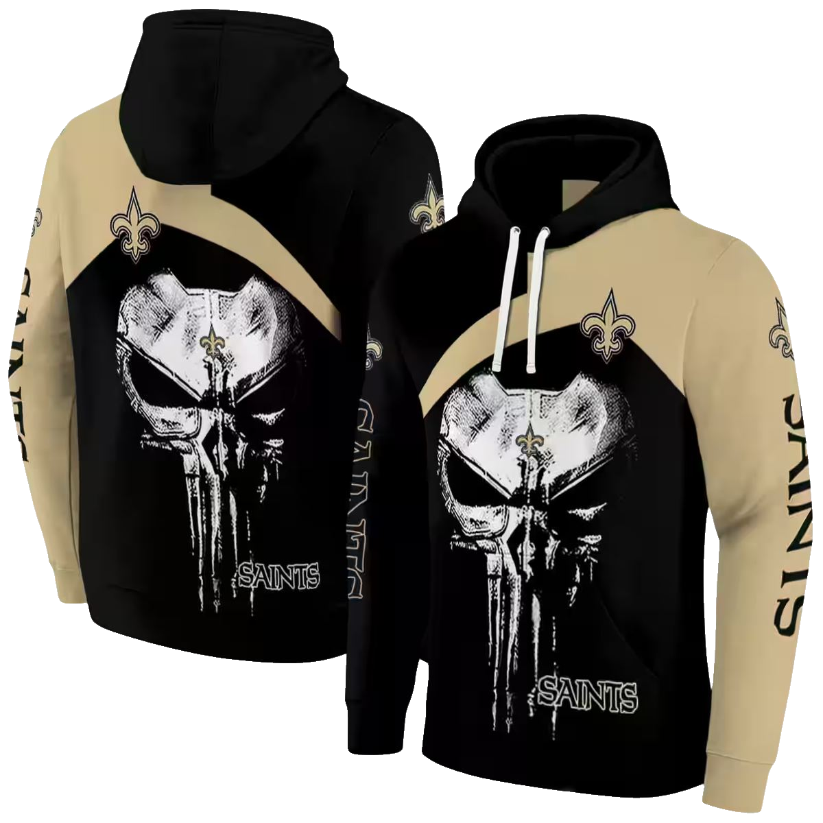 New Orleans Saints Logo And Skull Punisher Black Gold AOP Hoodie - Moonbestprint
