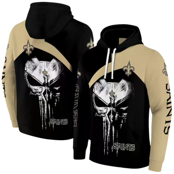New Orleans Saints Logo And Skull Punisher Black Gold AOP Hoodie - Moonbestprint