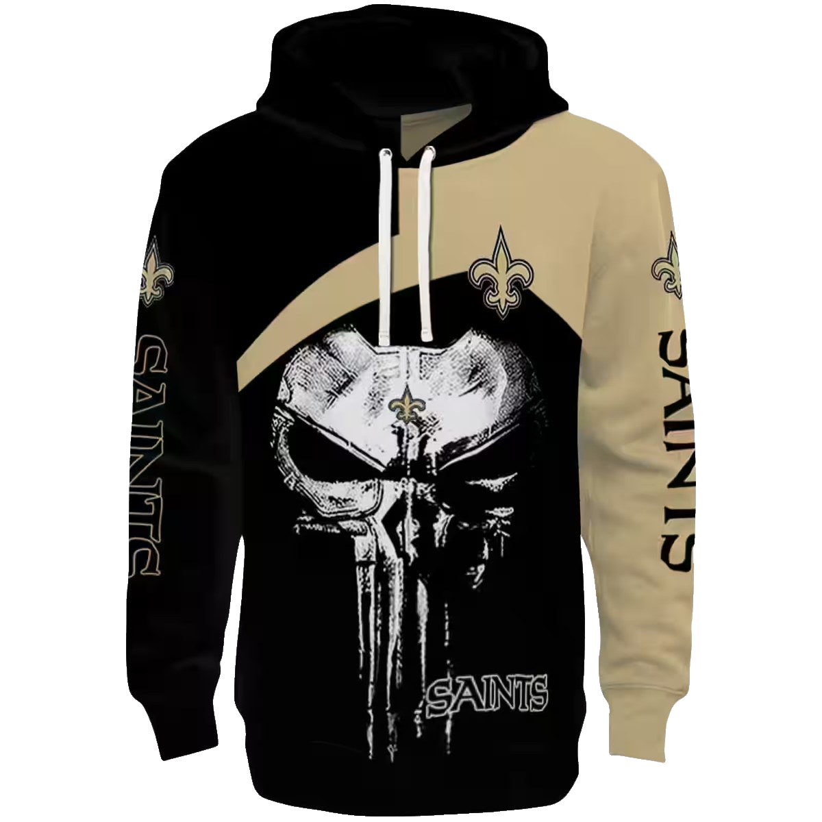 New Orleans Saints Logo And Skull Punisher Black Gold AOP Hoodie - Moonbestprint