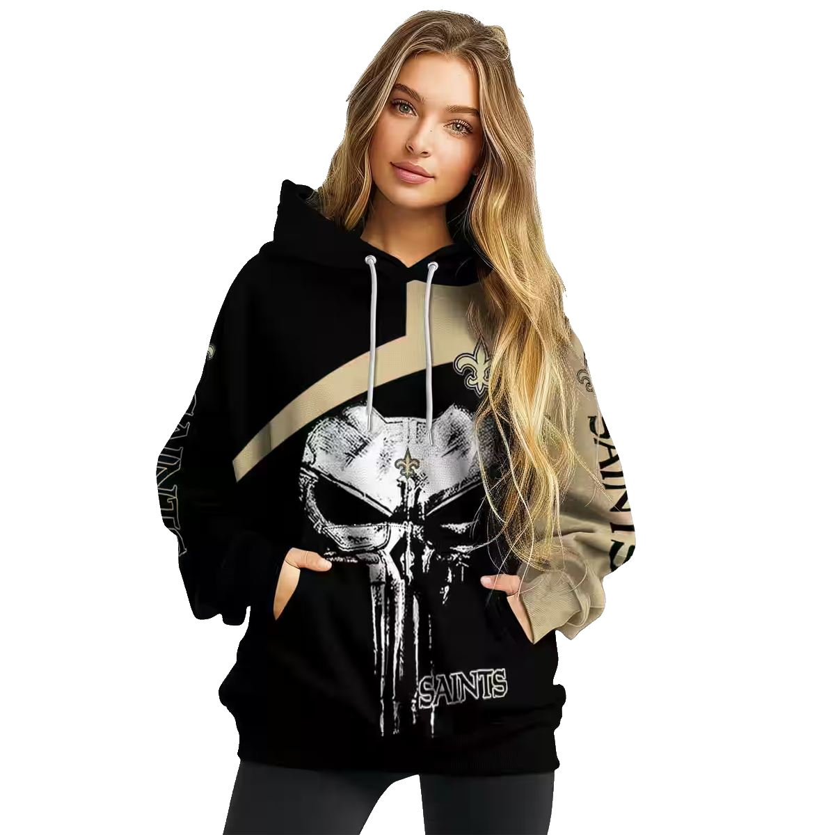 New Orleans Saints Logo And Skull Punisher Black Gold AOP Hoodie - Moonbestprint