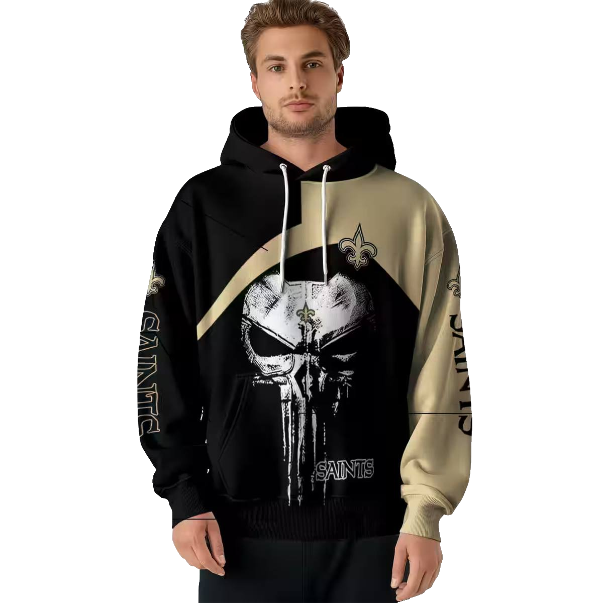 New Orleans Saints Logo And Skull Punisher Black Gold AOP Hoodie - Moonbestprint
