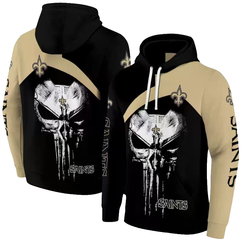 New Orleans Saints Logo And Skull Punisher Black Gold AOP Hoodie - Moonbestprint