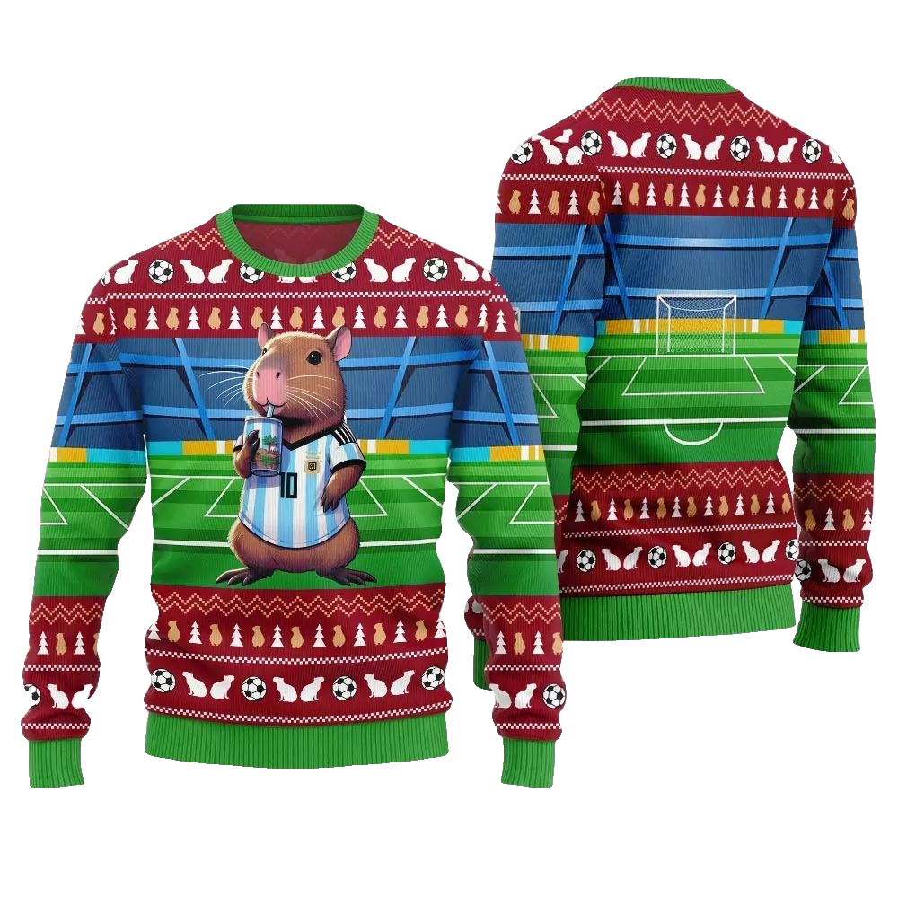 2026 Christmas Funny Capybara Football Ugly Christmas Sweater - Moonbestprint
