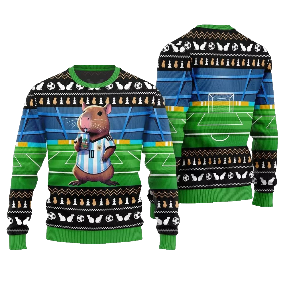 2026 Christmas Funny Capybara Football Ugly Christmas Sweater - Moonbestprint