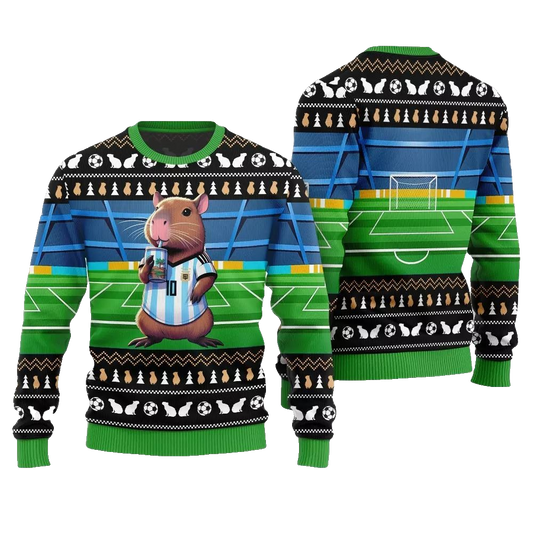 2026 Christmas Funny Capybara Football Ugly Christmas Sweater - Moonbestprint