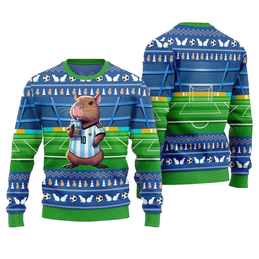 2026 Christmas Funny Capybara Football Ugly Christmas Sweater - Moonbestprint