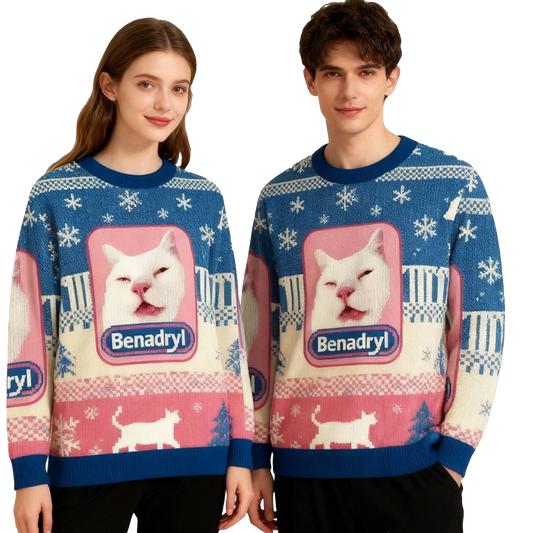 2026 Christmas Funny Benadryl Meme Cat Ugly Sweater - Moonbestprint