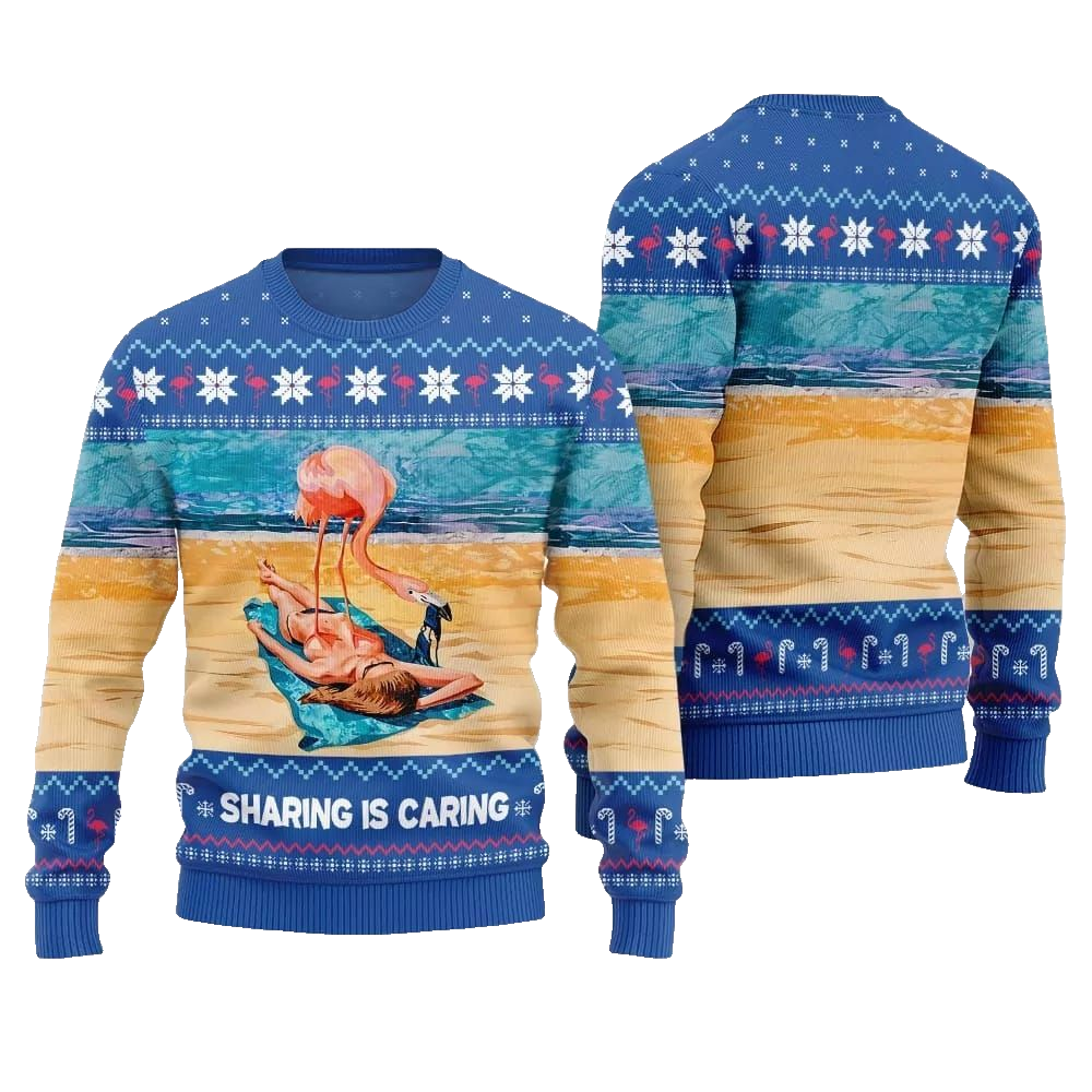 2026 Christmas Flamingo Sharing Is Caring Ugly Christmas Sweater - Moonbestprint