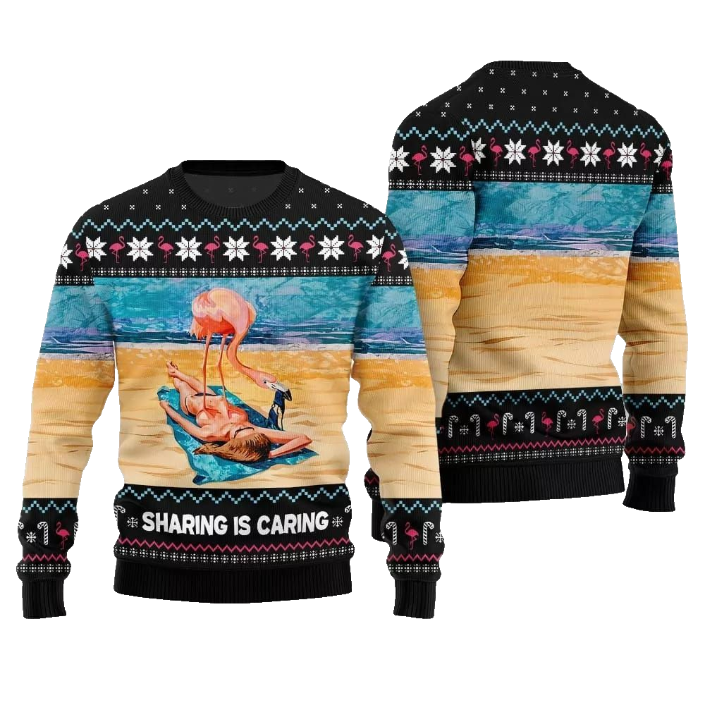 2026 Christmas Flamingo Sharing Is Caring Ugly Christmas Sweater - Moonbestprint