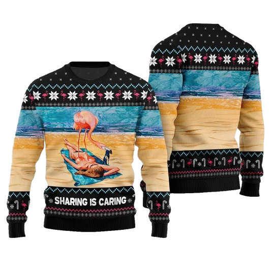 2026 Christmas Flamingo Sharing Is Caring Ugly Christmas Sweater - Moonbestprint