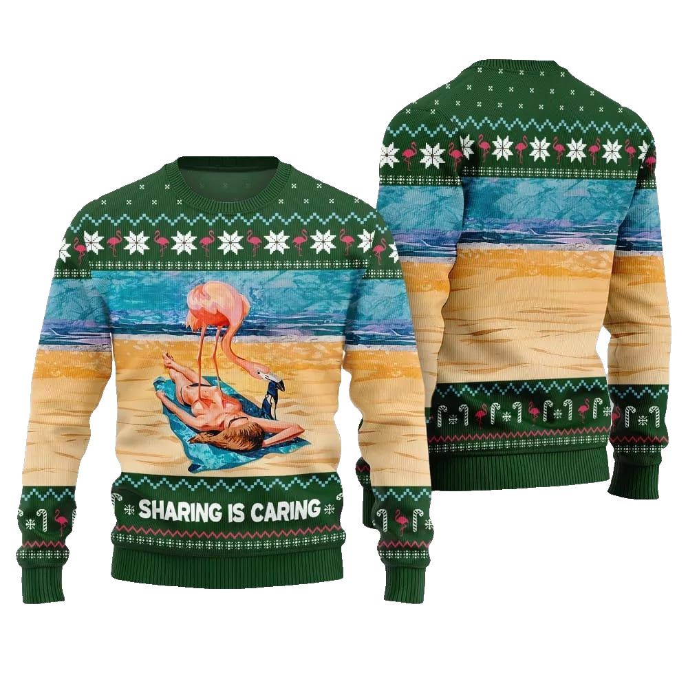 2026 Christmas Flamingo Sharing Is Caring Ugly Christmas Sweater - Moonbestprint