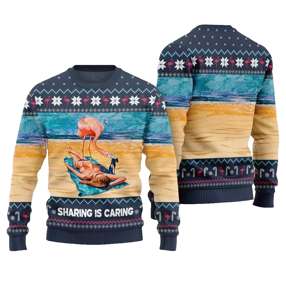 2026 Christmas Flamingo Sharing Is Caring Ugly Christmas Sweater - Moonbestprint