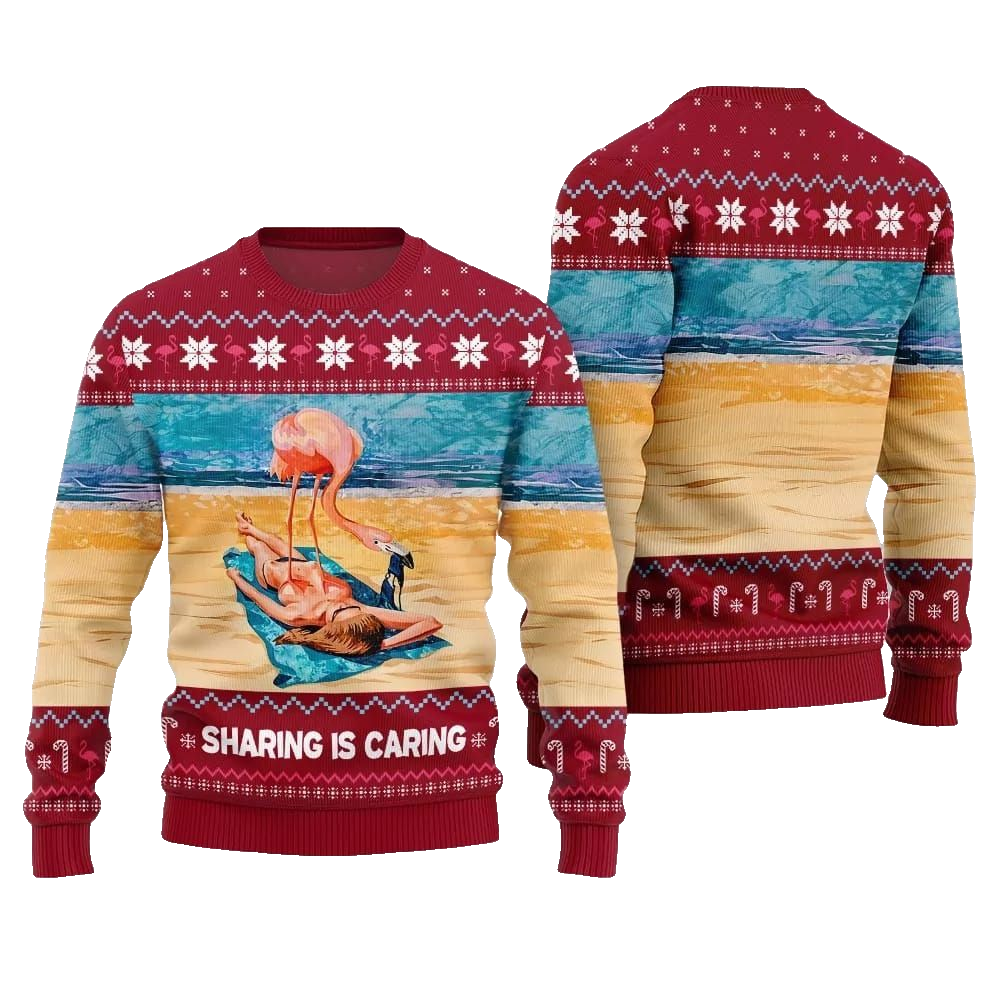 2026 Christmas Flamingo Sharing Is Caring Ugly Christmas Sweater - Moonbestprint