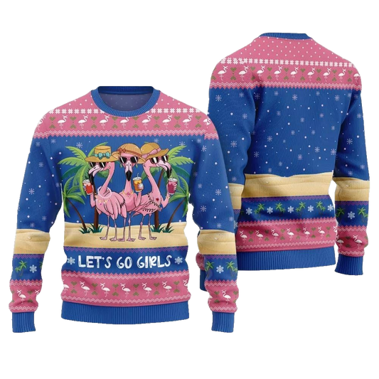 2026 Christmas Flamingo Let's Go Girls Ugly Christmas Sweater - Moonbestprint