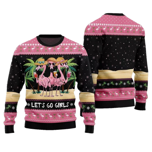 2026 Christmas Flamingo Let's Go Girls Ugly Christmas Sweater - Moonbestprint