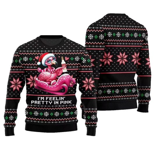 2026 Christmas Flamingo Im Feelin Pretty In Pink Ugly Christmas Sweater - Moonbestprint
