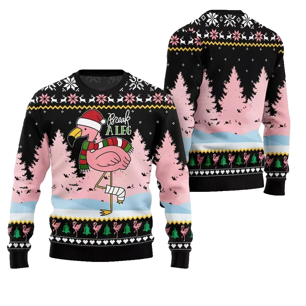 2026 Christmas Flamingo Break A Leg Ugly Christmas Sweater - Moonbestprint