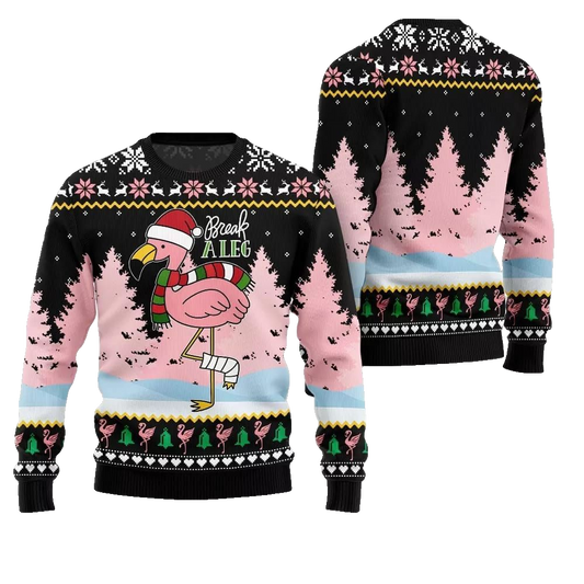 2026 Christmas Flamingo Break A Leg Ugly Christmas Sweater - Moonbestprint