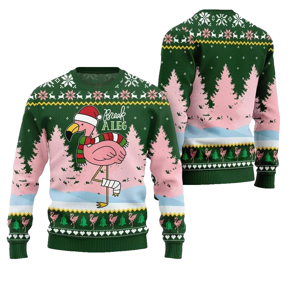2026 Christmas Flamingo Break A Leg Ugly Christmas Sweater - Moonbestprint