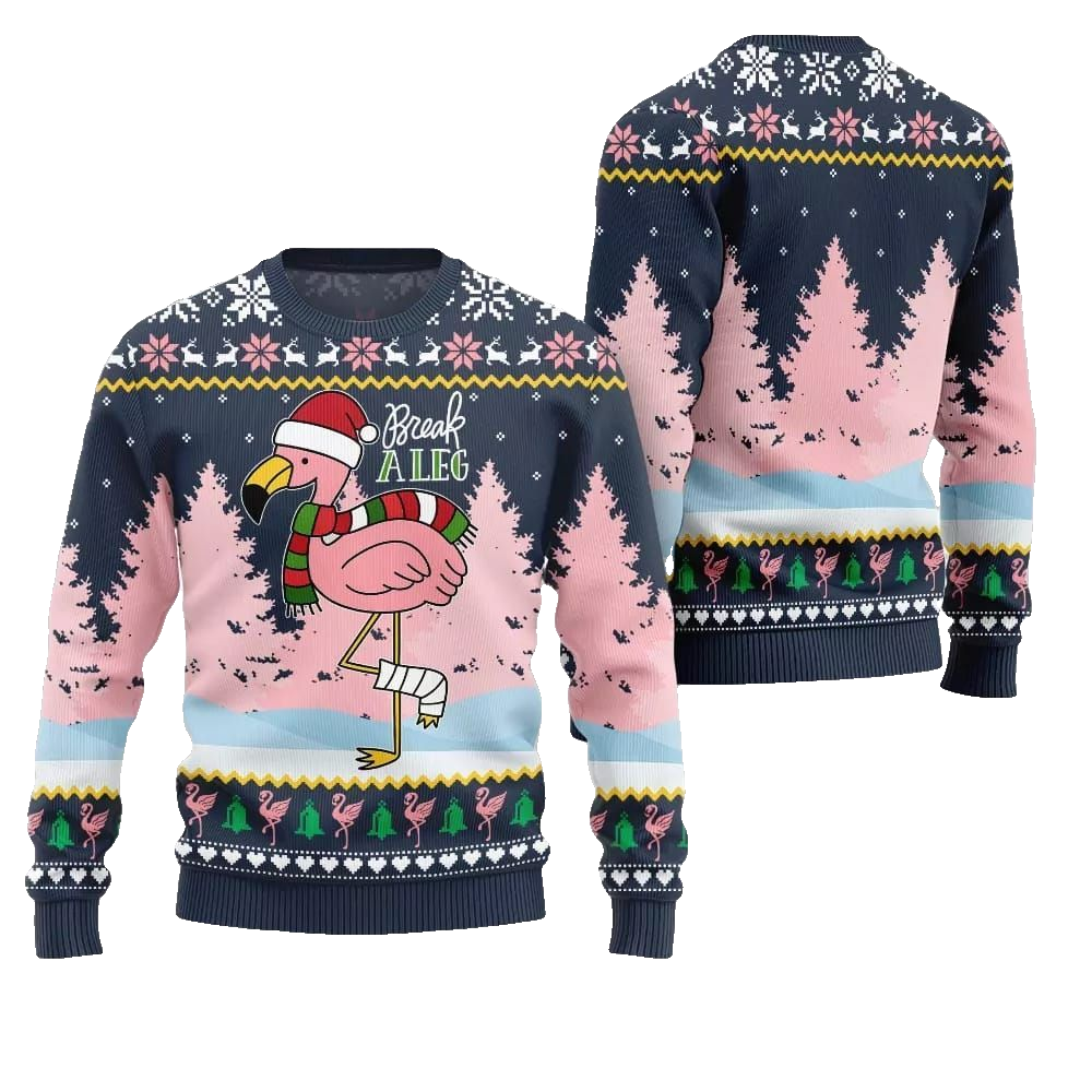 2026 Christmas Flamingo Break A Leg Ugly Christmas Sweater - Moonbestprint