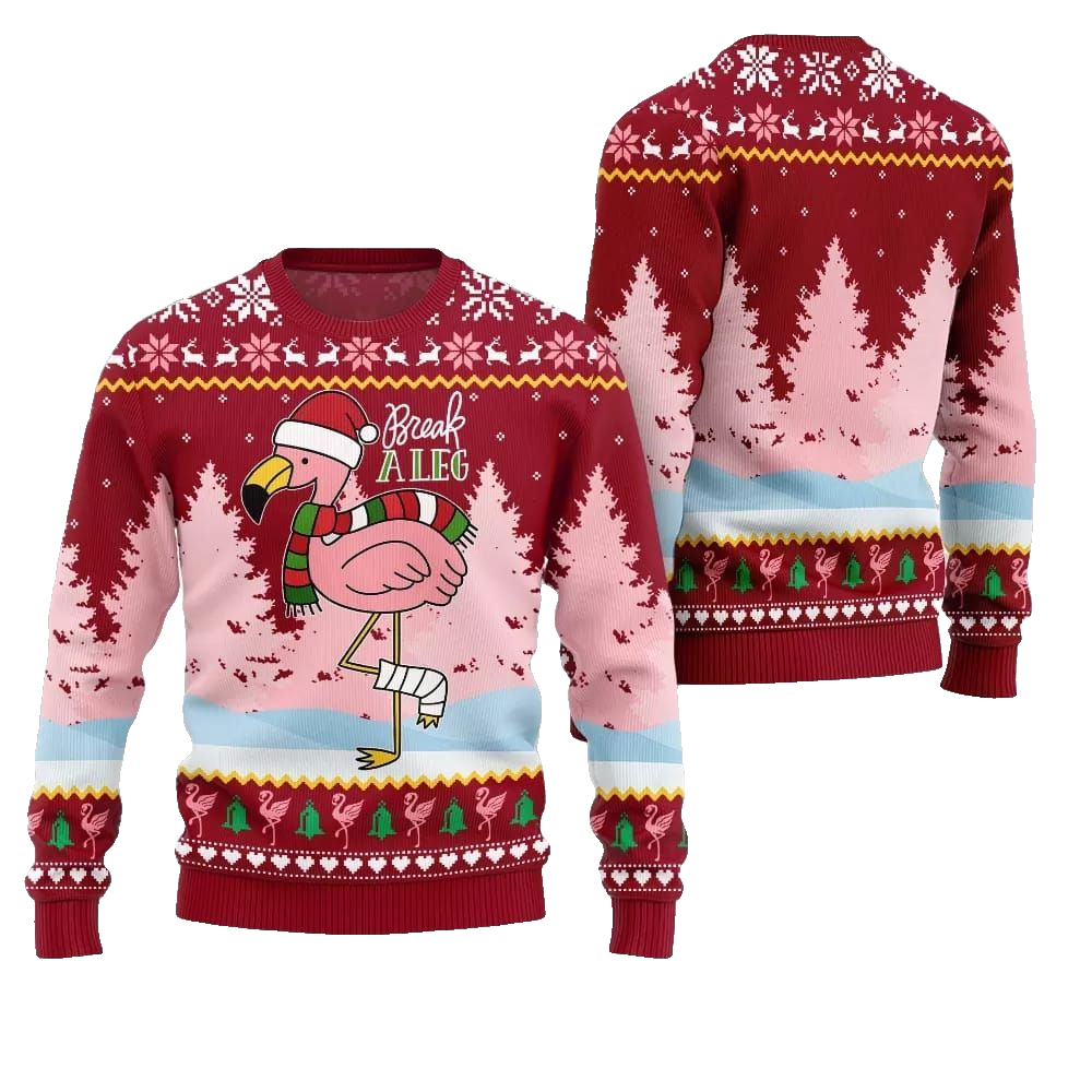 2026 Christmas Flamingo Break A Leg Ugly Christmas Sweater - Moonbestprint
