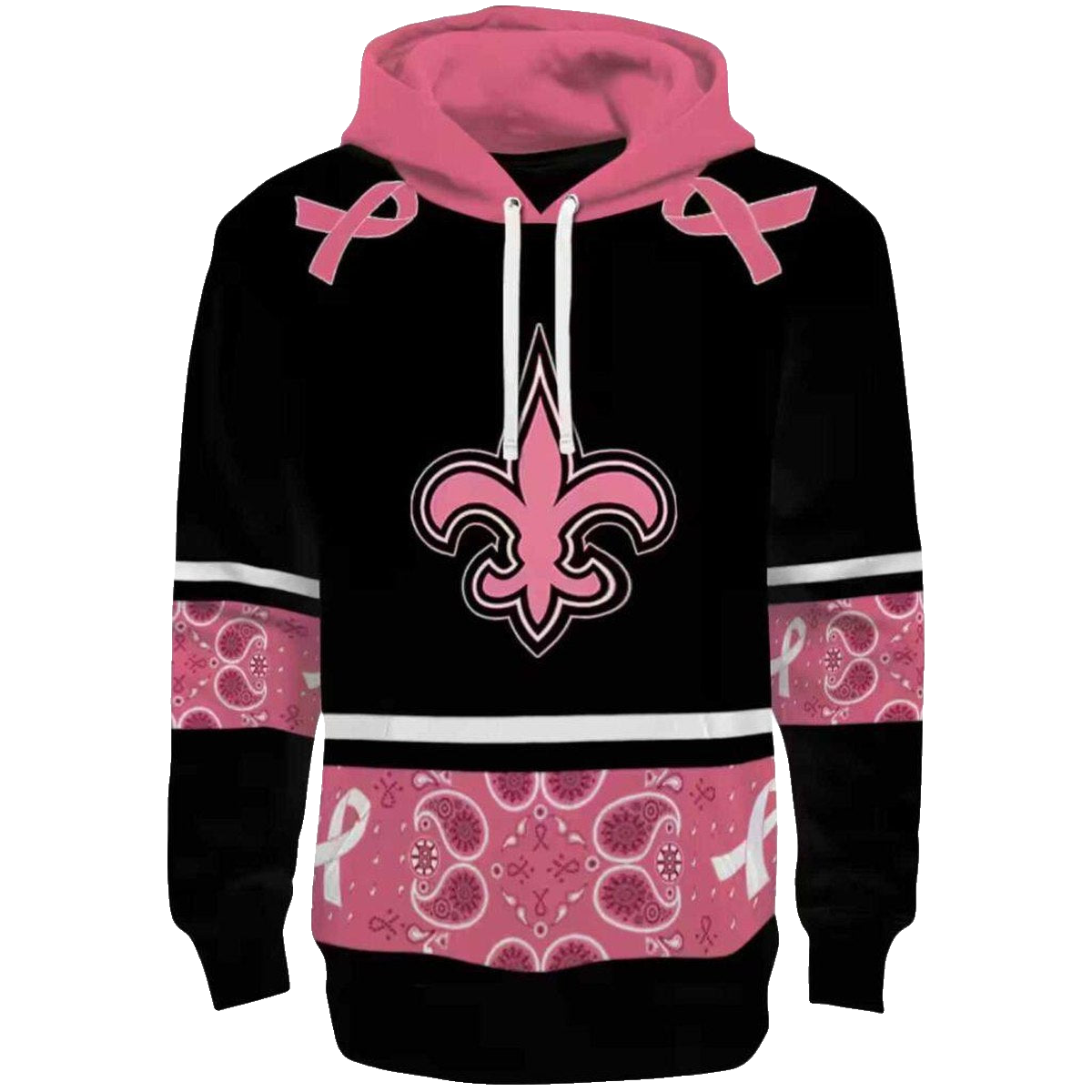 New Orleans Saints Awareness Ribbon Black Pink AOP Hoodie - Moonbestprint