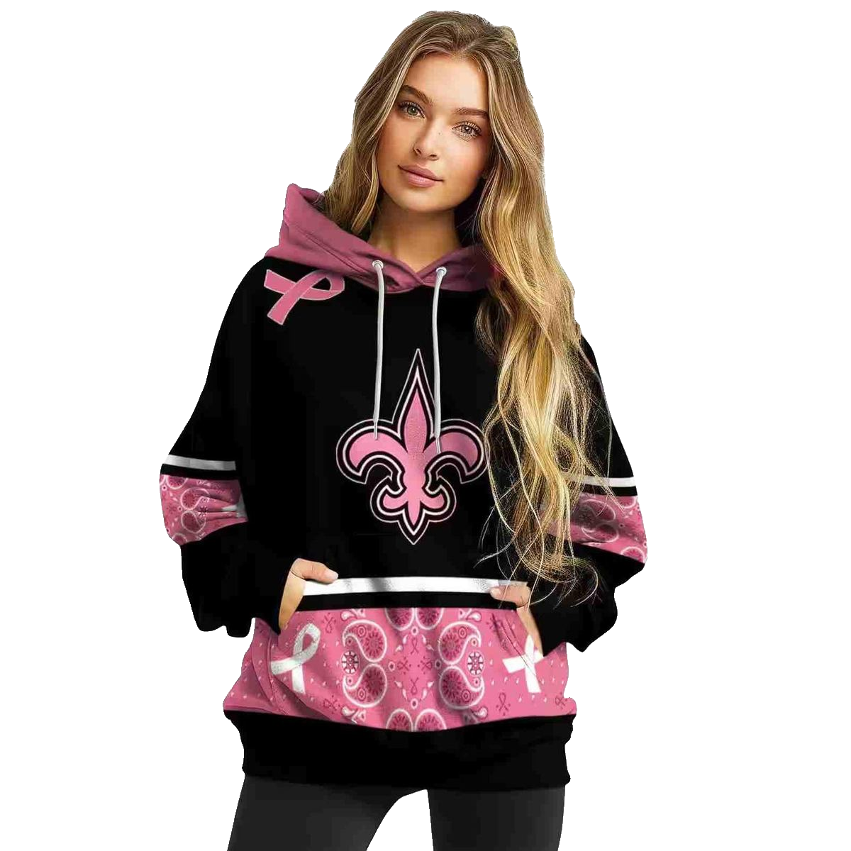 New Orleans Saints Awareness Ribbon Black Pink AOP Hoodie - Moonbestprint
