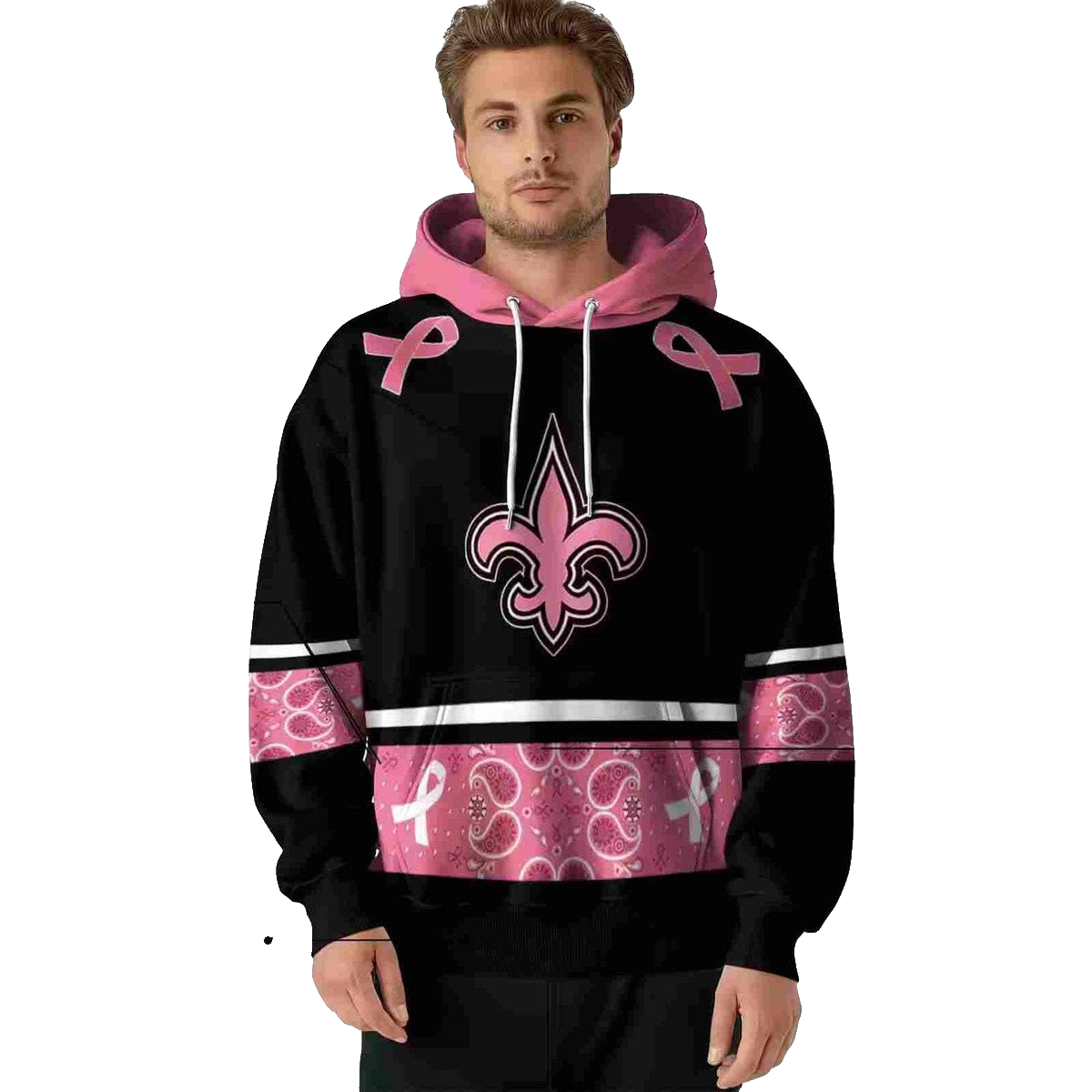 New Orleans Saints Awareness Ribbon Black Pink AOP Hoodie - Moonbestprint