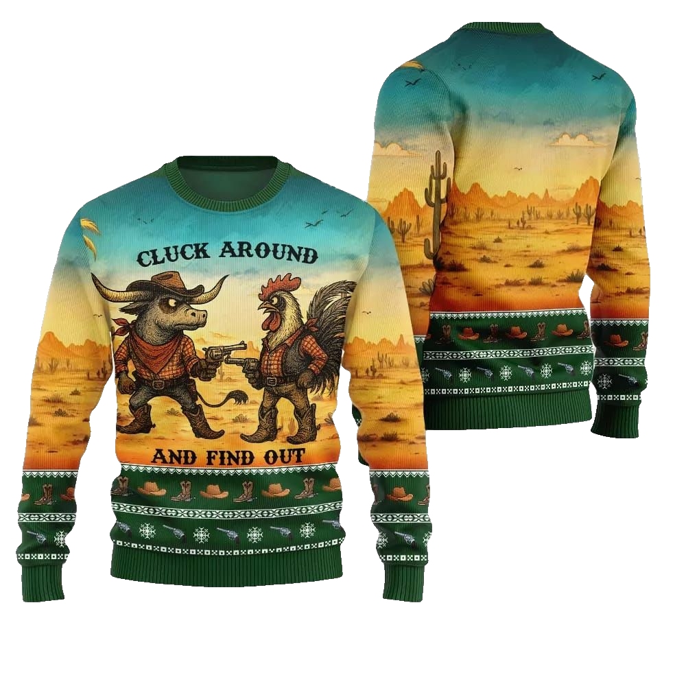 2026 Christmas Fearless Cowboy Cow And Chicken Tree Ugly Christmas Sweater - Moonbestprint