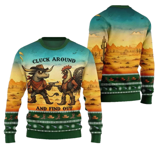 2026 Christmas Fearless Cowboy Cow And Chicken Tree Ugly Christmas Sweater - Moonbestprint