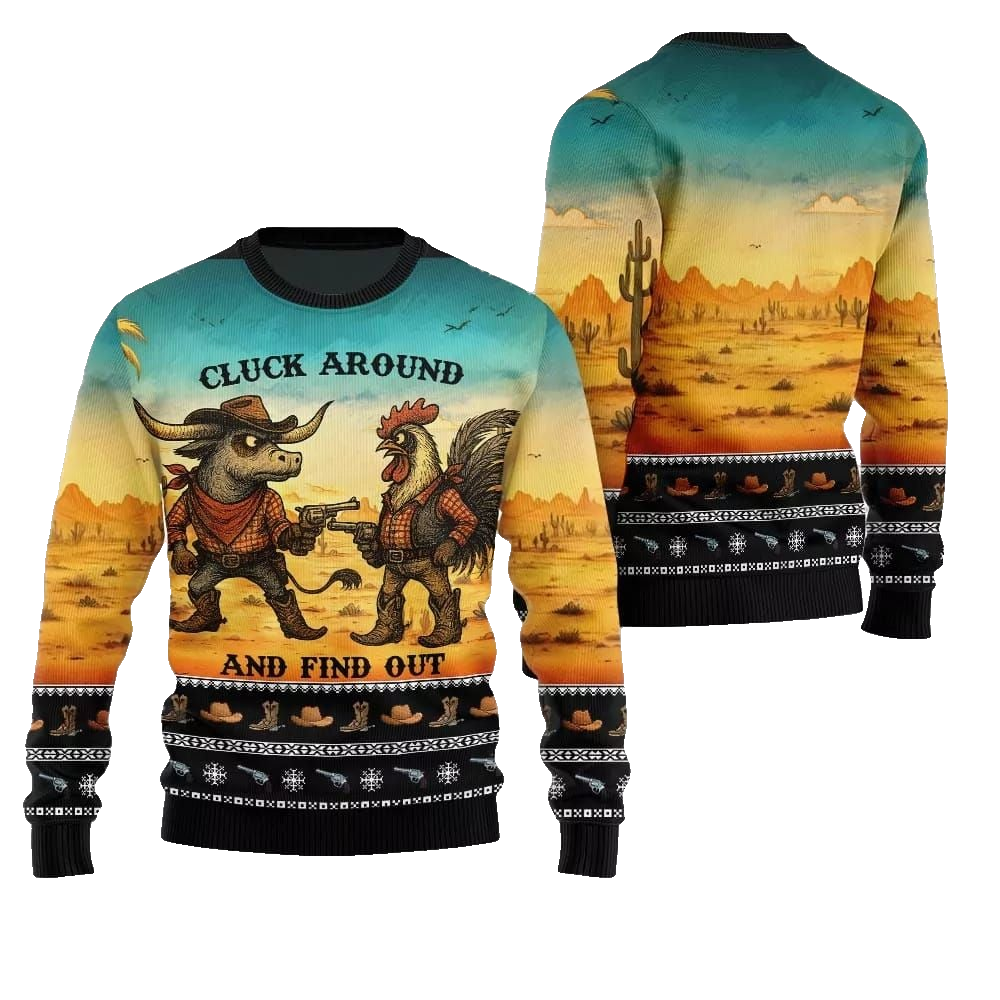 2026 Christmas Fearless Cowboy Cow And Chicken Tree Ugly Christmas Sweater - Moonbestprint