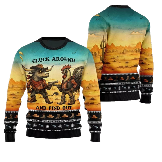 2026 Christmas Fearless Cowboy Cow And Chicken Tree Ugly Christmas Sweater - Moonbestprint