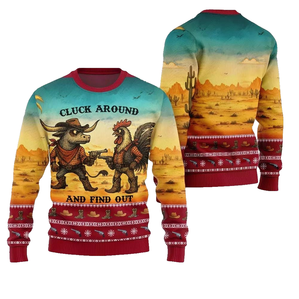 2026 Christmas Fearless Cowboy Cow And Chicken Tree Ugly Christmas Sweater - Moonbestprint